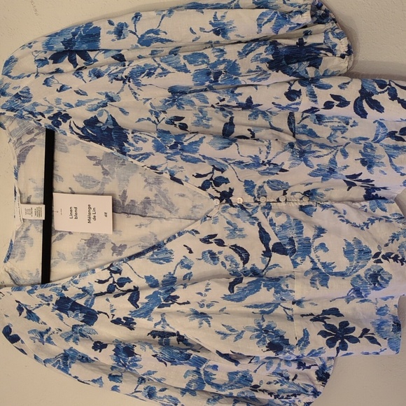 H&M linen blend puffy sleeves feminine cottage core Blue Women's Top XXL - Picture 4 of 9